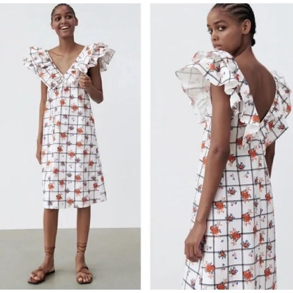 NWT Zara Floral Windowpane Floral White Ruffle Sleeve Midi Dress‎ Chic Sz S